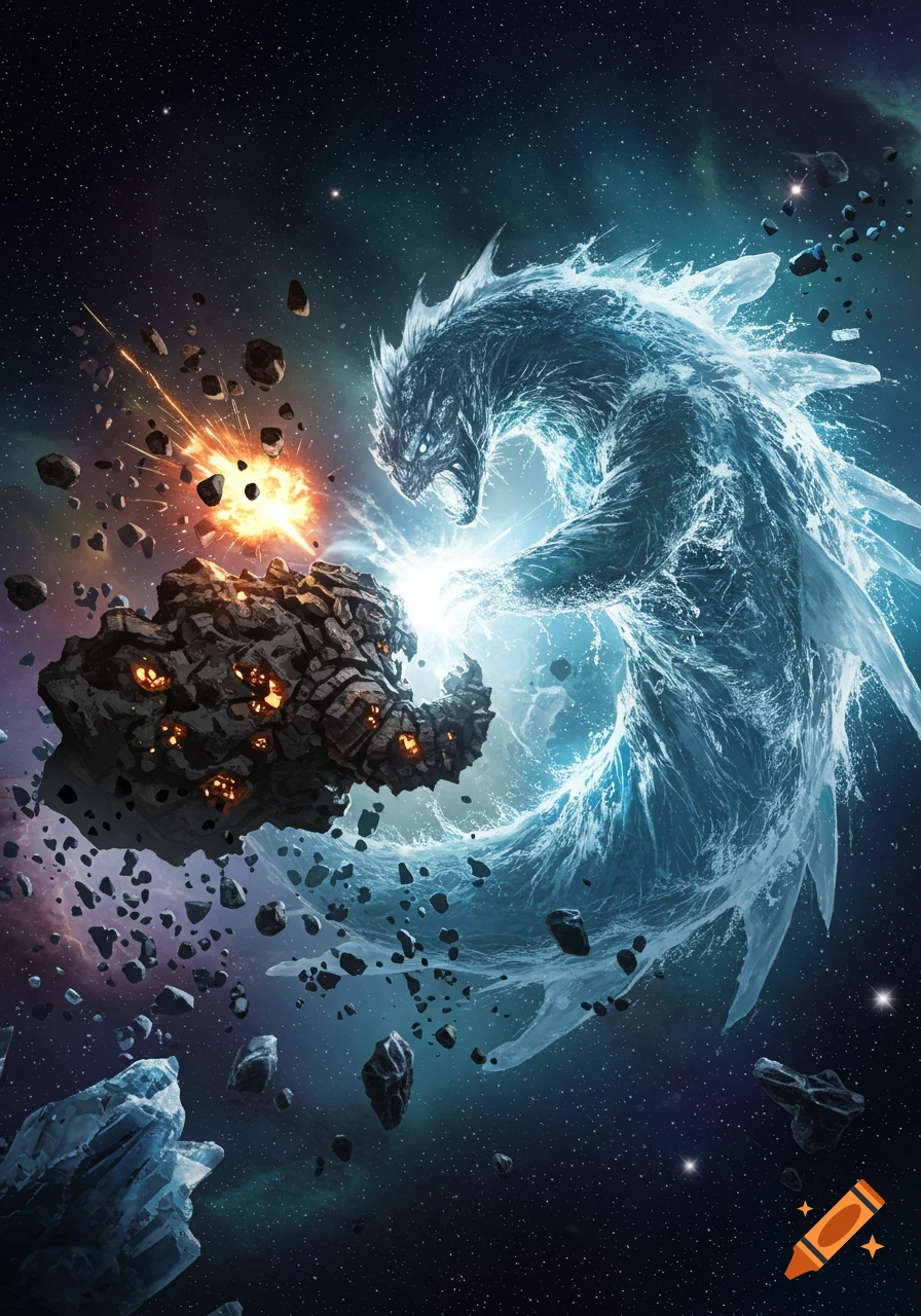 A massive blue water titan battles a fiery rock monster in space, surrounded by exploding asteroids and ice debris.