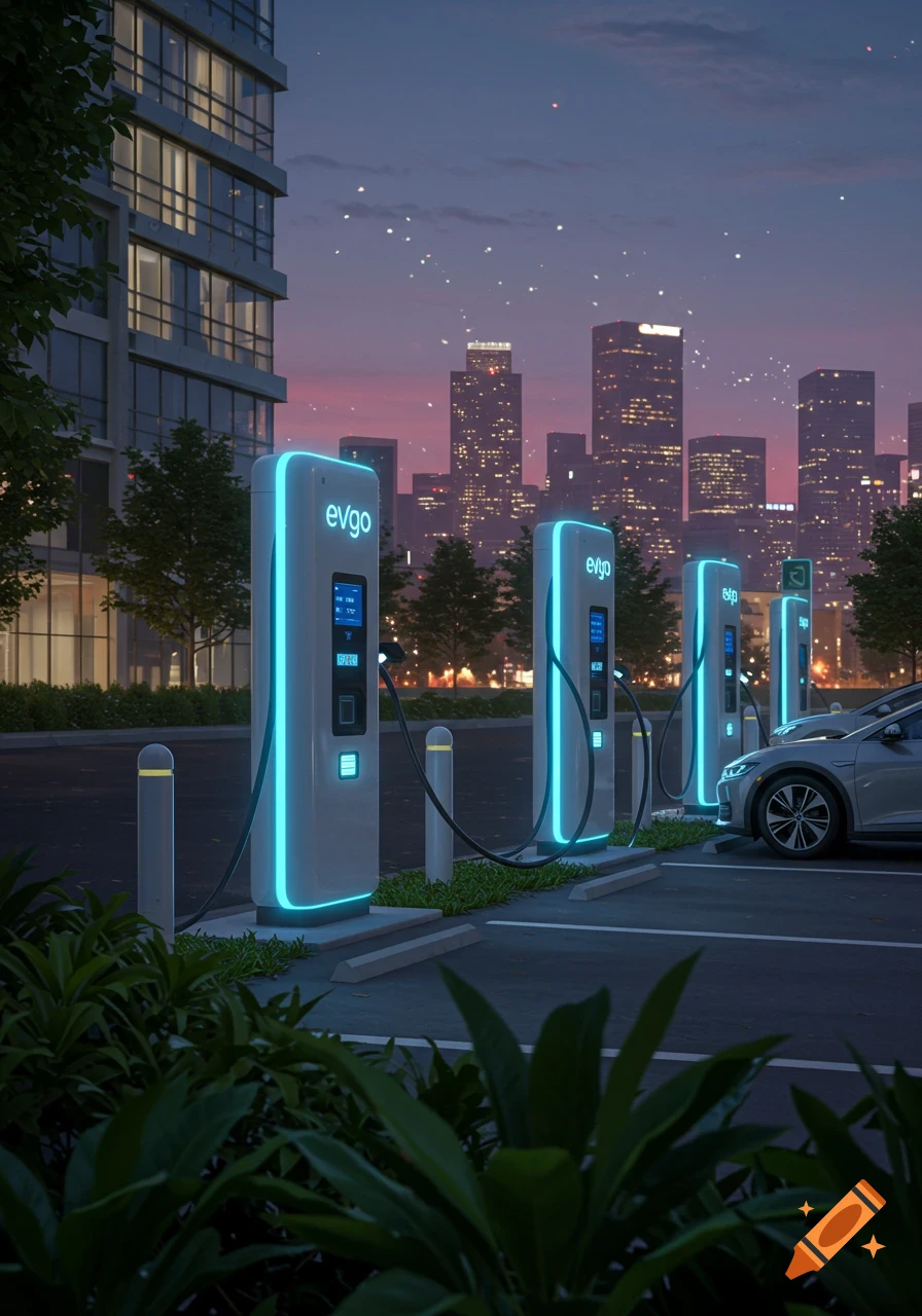 EVgo electric vehicle charging stations glowing with blue light in a parking lot at dusk, with city skyscrapers in the background.