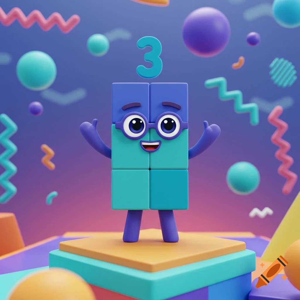 A smiling blue and teal block character with glasses, resembling the number 3, stands on a colorful platform amidst floating geometric shapes.
