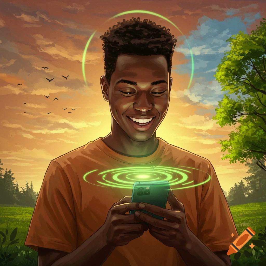 A smiling young Black man looks at his smartphone, emitting green light and ripples, against a beautiful sunset in a lush field. Illustration style.