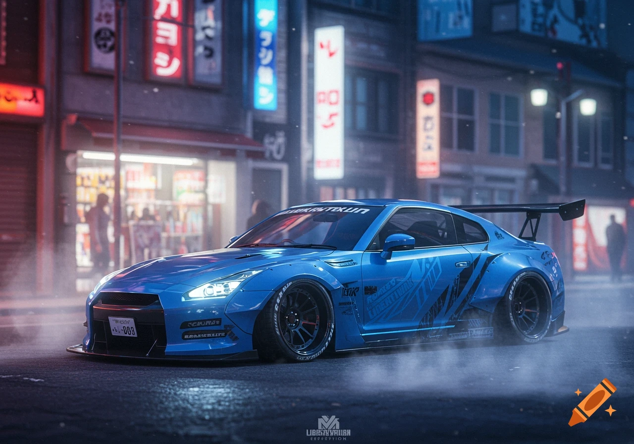 A vibrant blue modified Nissan GT-R, with a wide body kit and large spoiler, parked on a wet street at night, illuminated by neon signs from surrounding Japanese buildings.