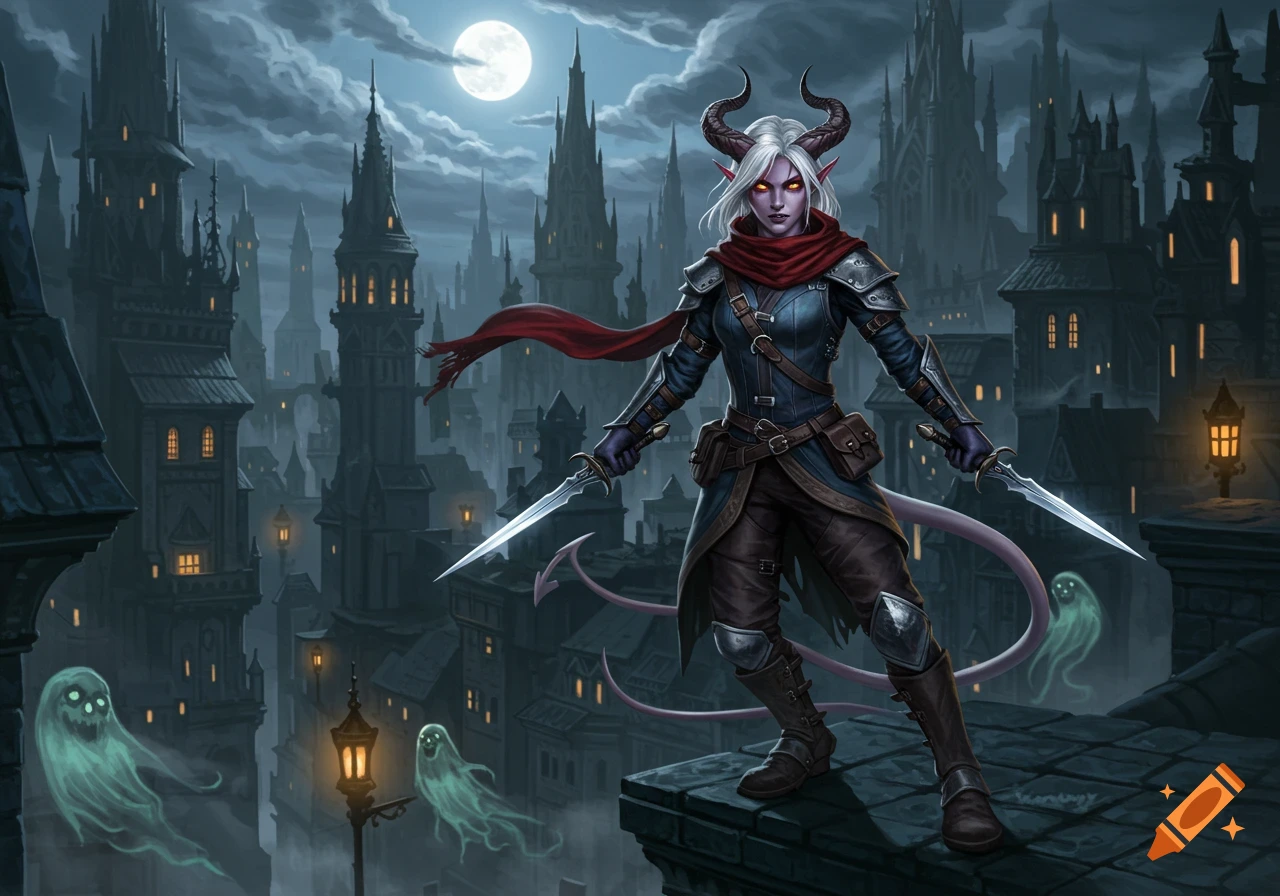 A pale-skinned female tiefling rogue with horns and glowing eyes stands on a gothic rooftop at night, holding daggers, with ghosts.