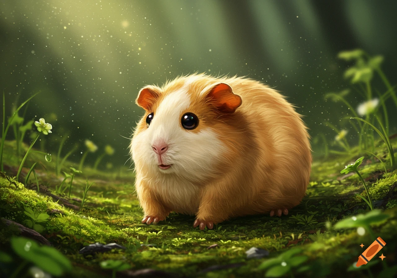A fluffy orange and white guinea pig sits on mossy ground in a sun-dappled forest, looking cute.