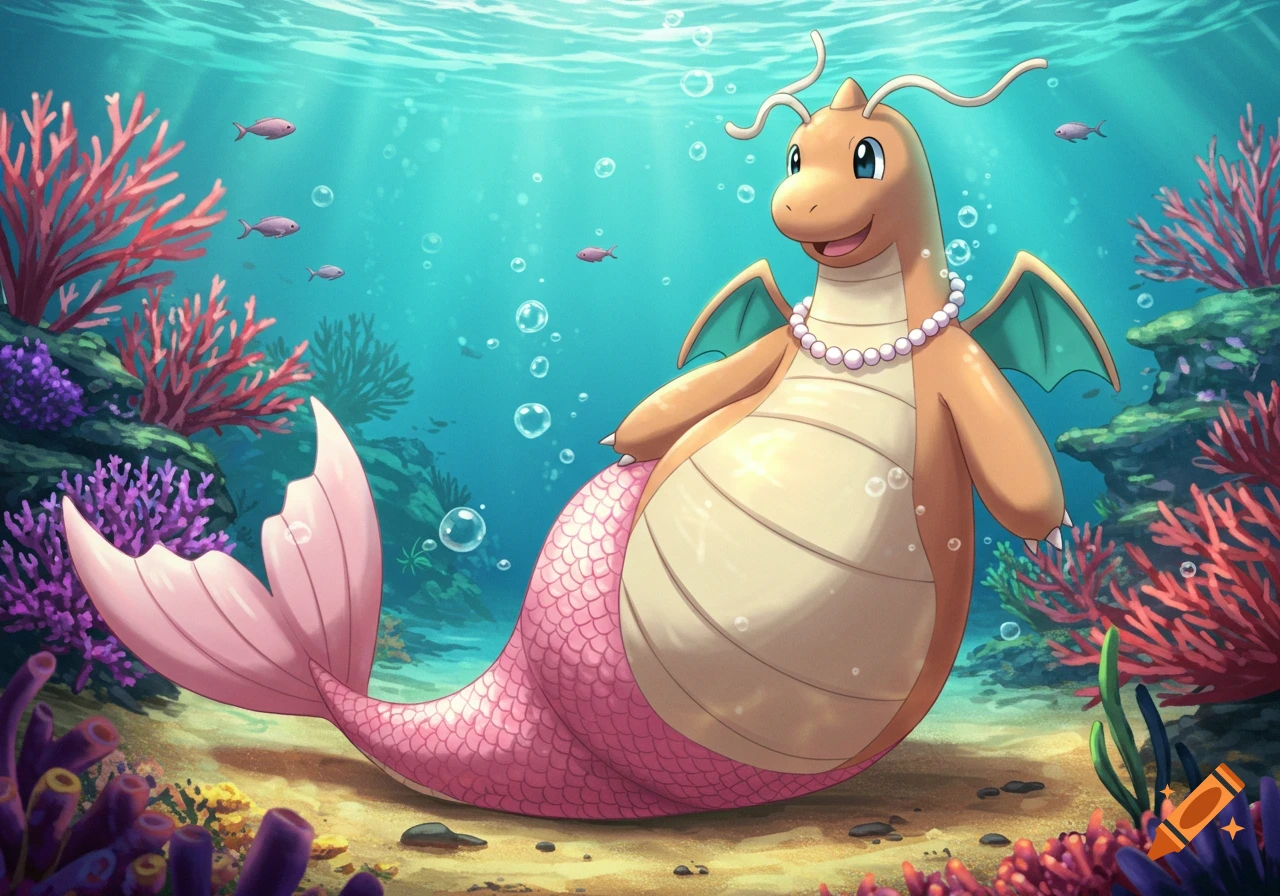Smiling Dragonite with a pink mermaid tail and pearl necklace sits on the seafloor among colorful coral in anime style.