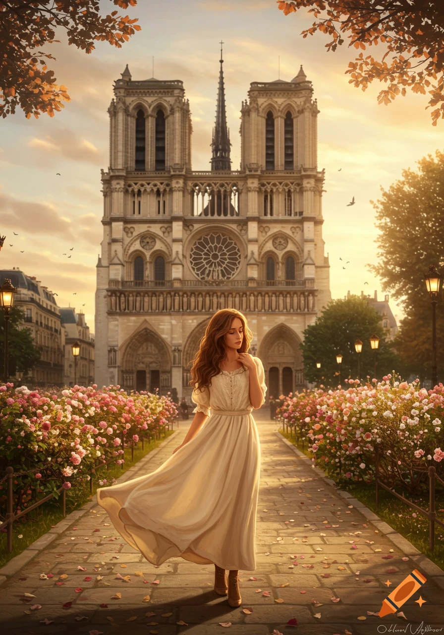A woman in a cream dress walks on a rose-lined path towards Notre Dame Cathedral at sunset, with autumn leaves on the ground.
