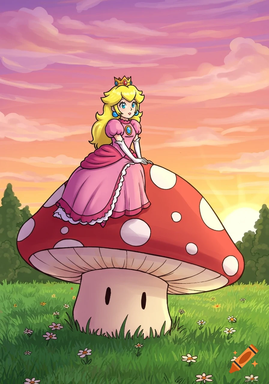 Princess Peach in a pink dress and crown sits on a giant red and white mushroom in a grassy field at sunset.