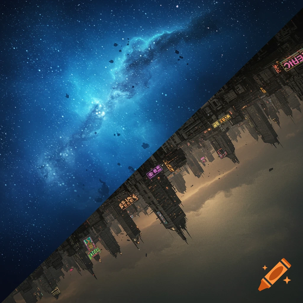 Diagonal split: deep blue starry space with asteroids on left, inverted dystopian city with neon signs under cloudy sky on right.