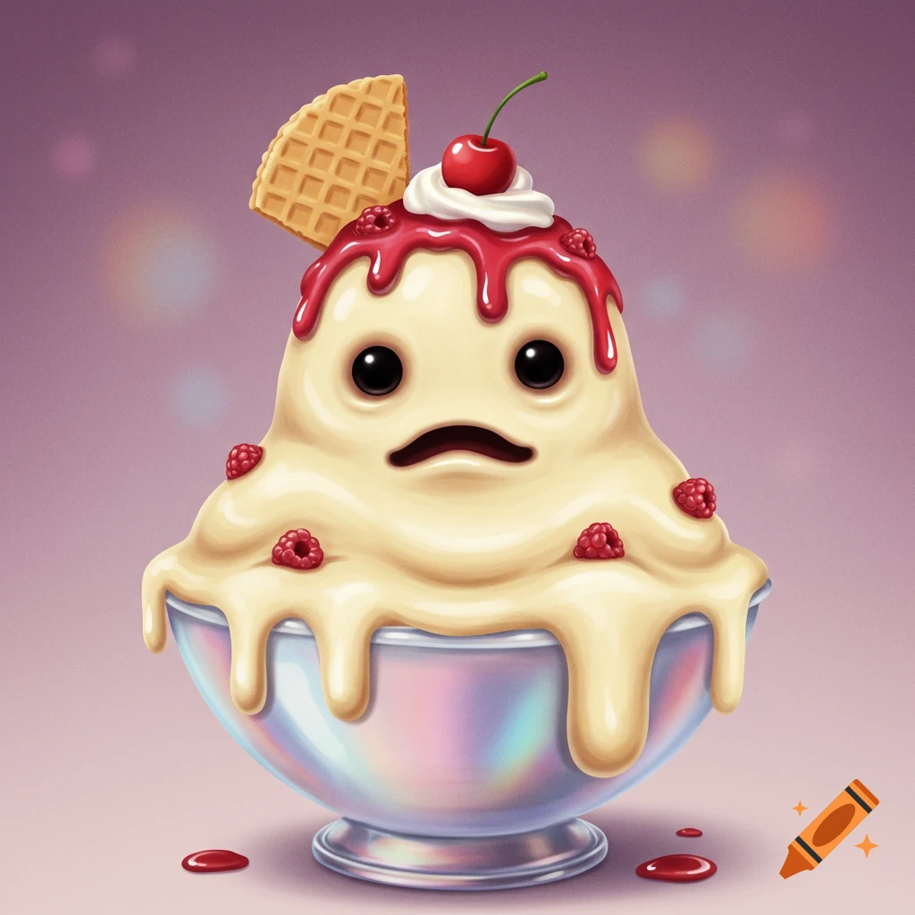 A cute, sad vanilla ice cream monster with black eyes and a frown, topped with a waffle, cherry, and raspberry sauce, in a holographic bowl. Stylized illustration.