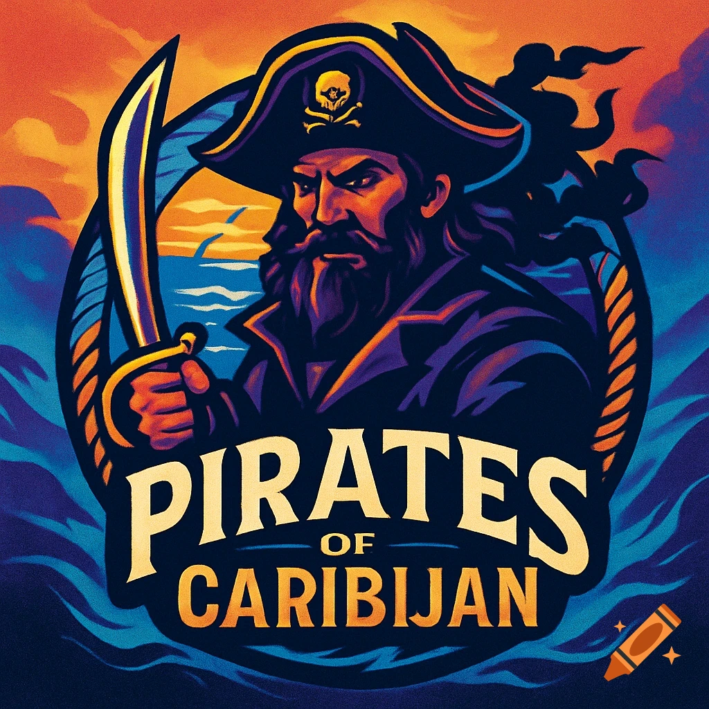 Stylized digital art logo of a pirate with a sword, against a sunset ocean background, with 'PIRATES OF CARIBIJAN' text.