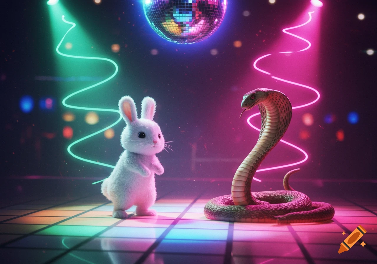 A fluffy white bunny and a cobra stand on a colorful disco floor with neon lights and a disco ball.