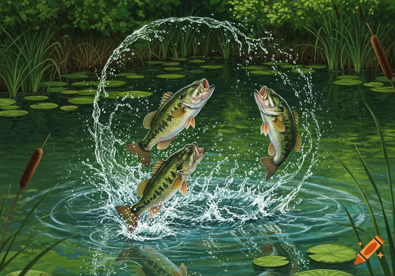 Three realistic bass fish leap out of a green pond with lily pads and reeds, splashing water in an arc.