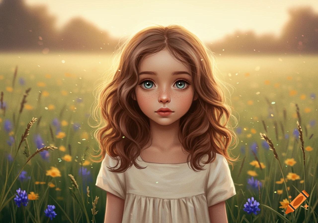 A stylized portrait of a young girl with brown wavy hair and big blue eyes, standing in a sunny field of wildflowers.