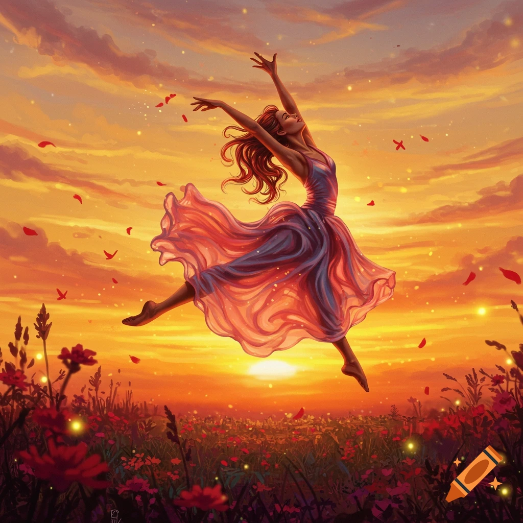 Dreamy illustration of a woman in a flowing dress leaping over a field of red flowers at sunset.