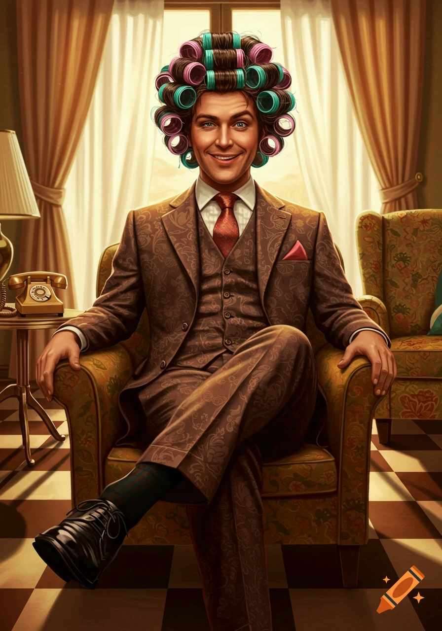 A smiling man in a brown suit and colorful hair curlers sits in a vintage armchair, a rotary phone beside him.