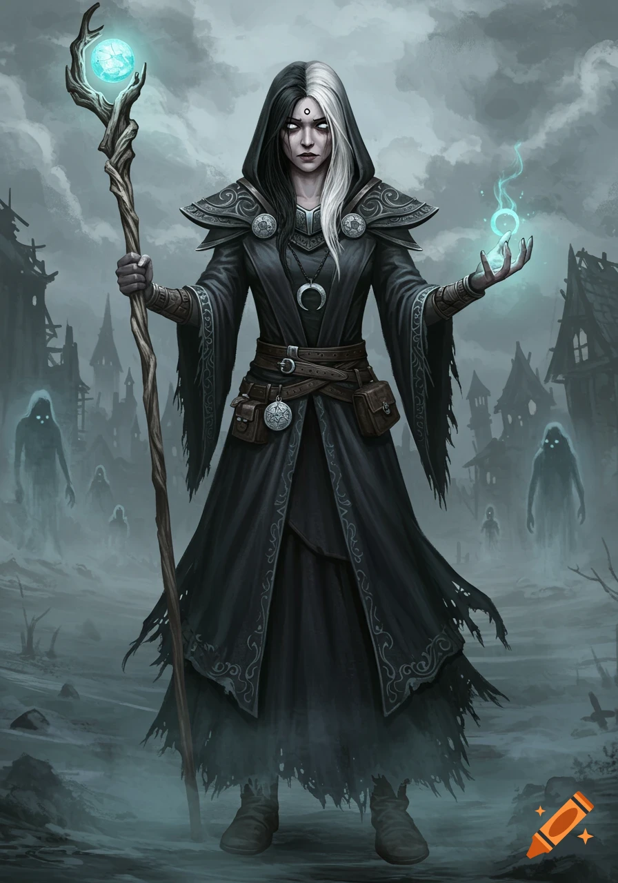 A powerful female sorcerer with split black and white hair, in dark robes, holding a glowing staff, stands in a misty, ruined town with ghosts.