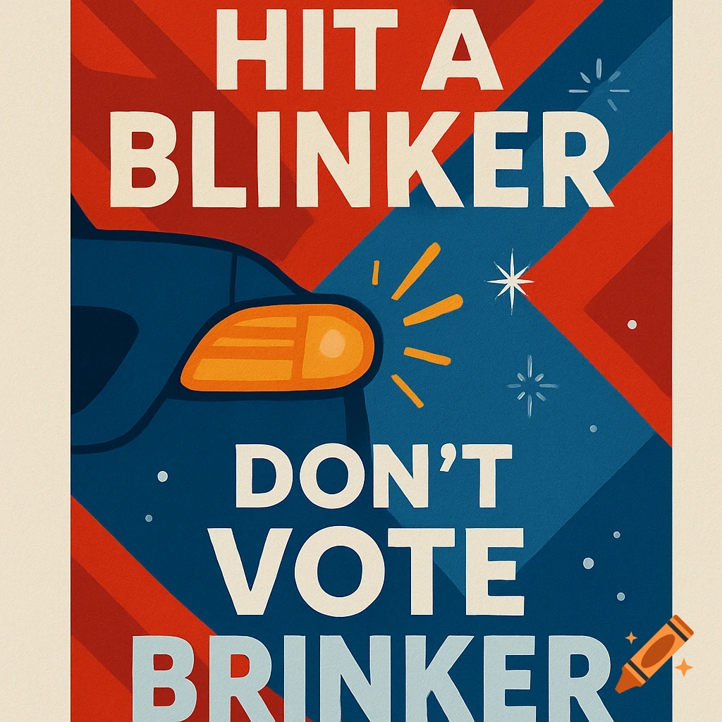 A graphic campaign poster in red and blue, featuring a dark blue car's blinking orange turn signal. Bold white text reads: "HIT A BLINKER DON'T VOTE BRINKER".