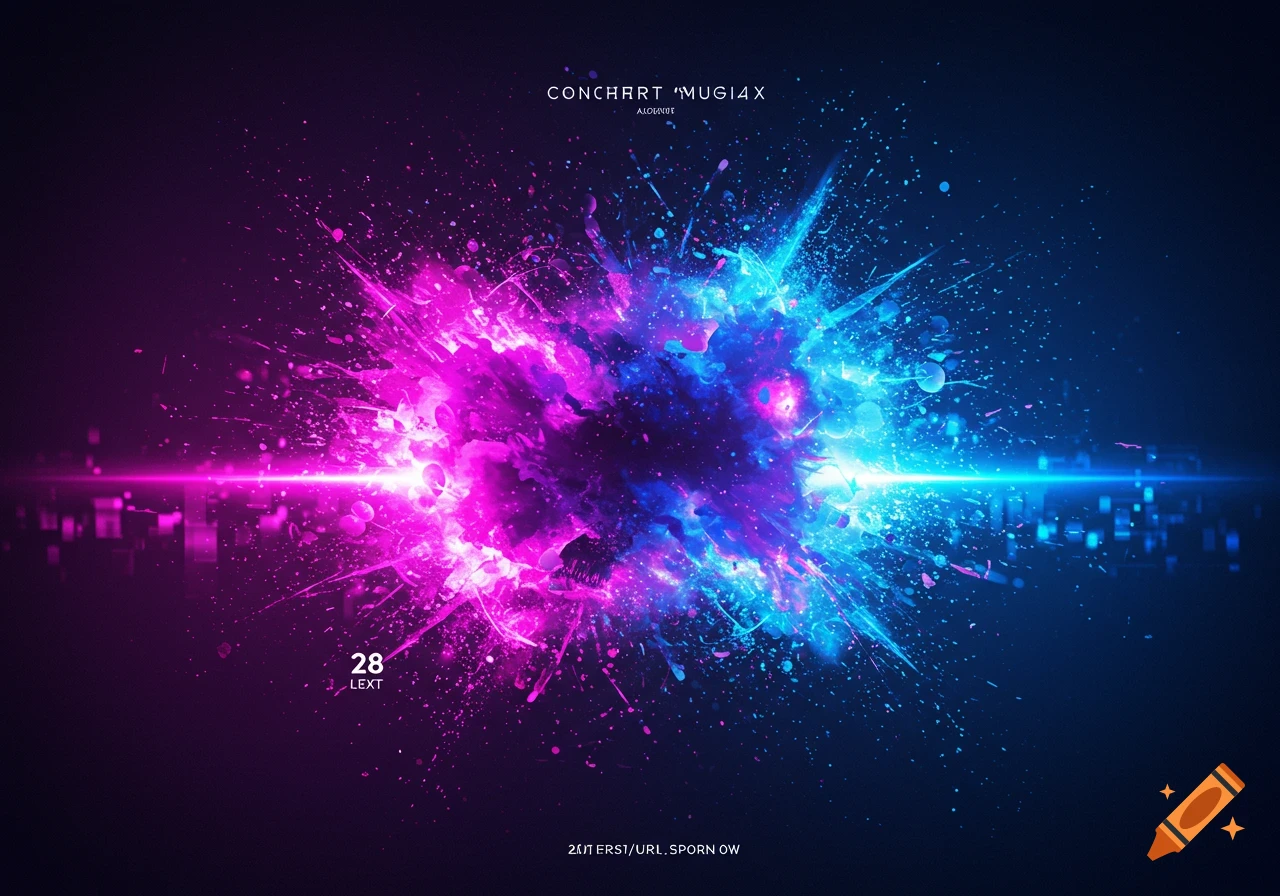 An abstract explosion of vibrant pink and blue light and particles against a dark background.