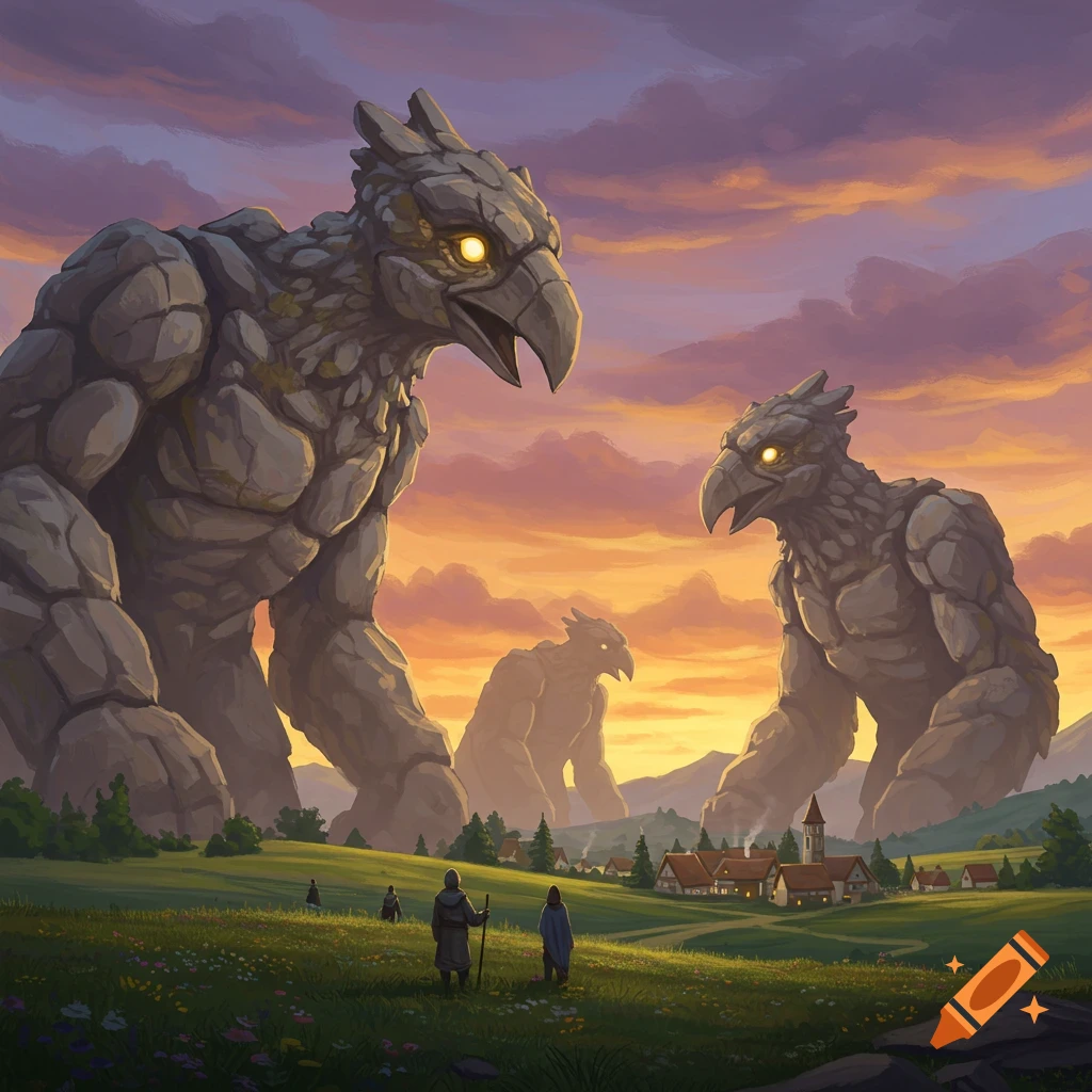 Giant rock monsters with glowing eyes overlook a small village and people in a vibrant sunset landscape, fantasy art.