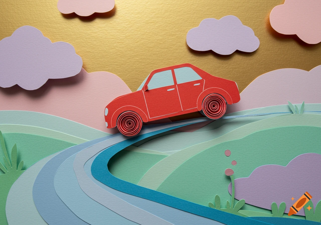 A red paper cut-out car drives on a winding blue road through a layered, colorful paper cut-out landscape with green hills and pastel clouds against a gold sky.