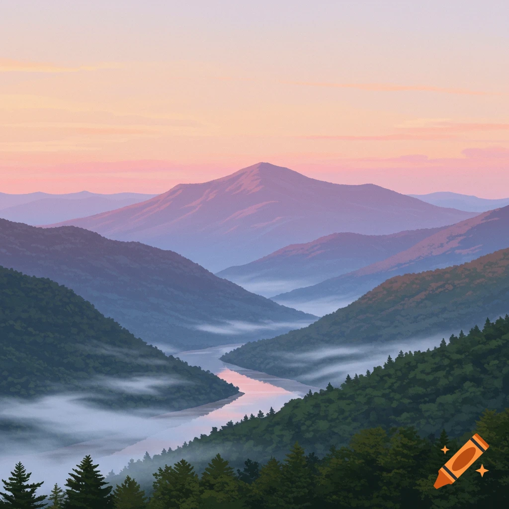Illustrated landscape of a river winding through a valley between misty mountains at sunrise, with pink and orange skies.