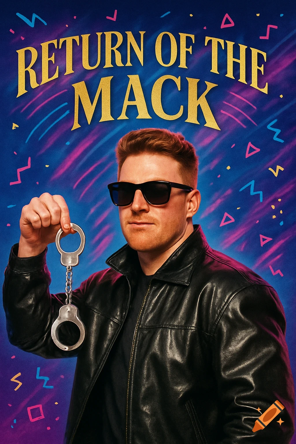 A red-haired man in sunglasses and a leather jacket holds handcuffs, against a vibrant retro 90s background with 'RETURN OF THE MACK' text.