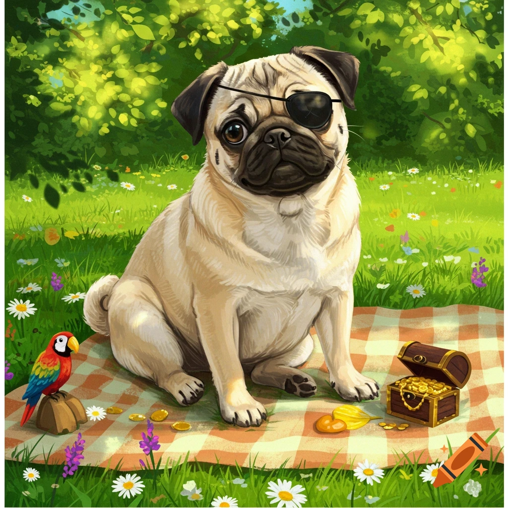 An illustration of a cute pug wearing a pirate eyepatch, sitting on a picnic blanket with a parrot and treasure chest in a sunny park.
