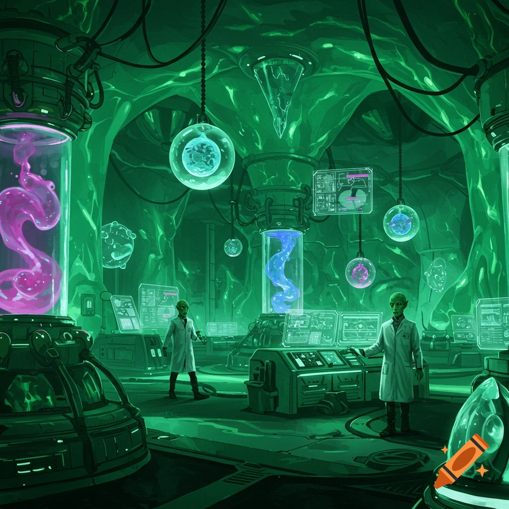 Green-skinned aliens in white lab coats work in a glowing, green futuristic laboratory with strange scientific equipment and bubbling tubes.