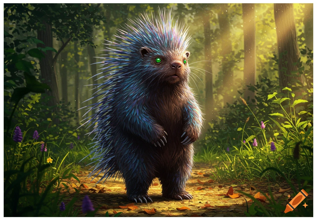 A stylized mutant porcupine with glowing green eyes and vibrant blue quills stands on two feet in a sunlit forest.