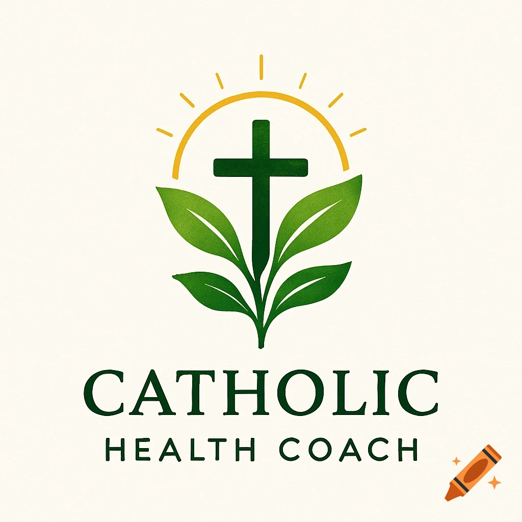 A logo for 'Catholic Health Coach' featuring a green cross, green leaves, and a yellow sun radiating above them.