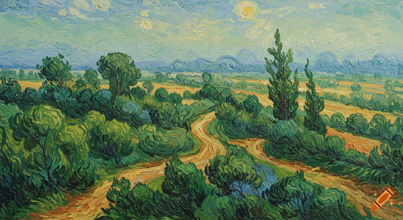 Panoramic landscape painting in Van Gogh style, with green trees, winding paths, and golden fields under a bright sky.