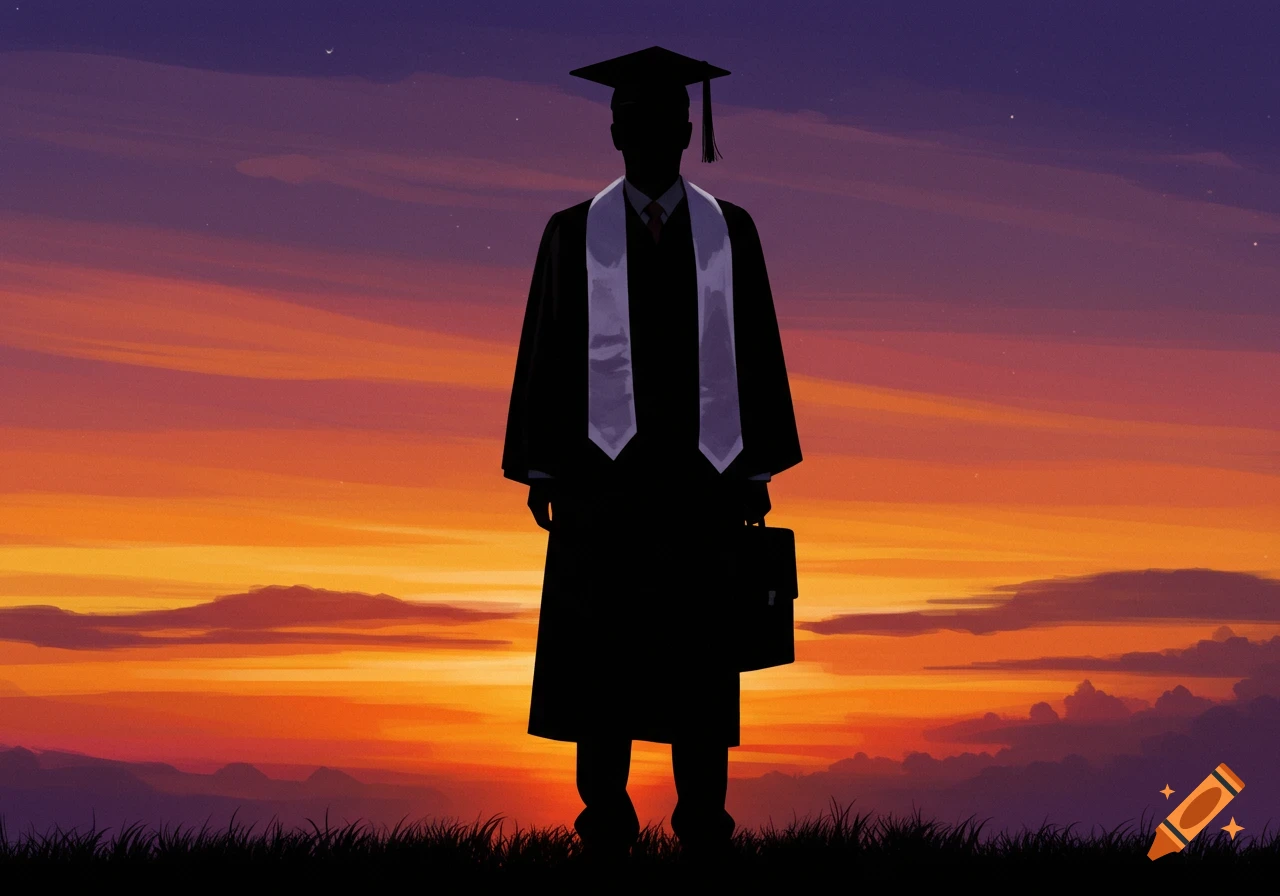 Silhouette of a graduate in cap and gown holding a briefcase against a vibrant orange and purple sunset.