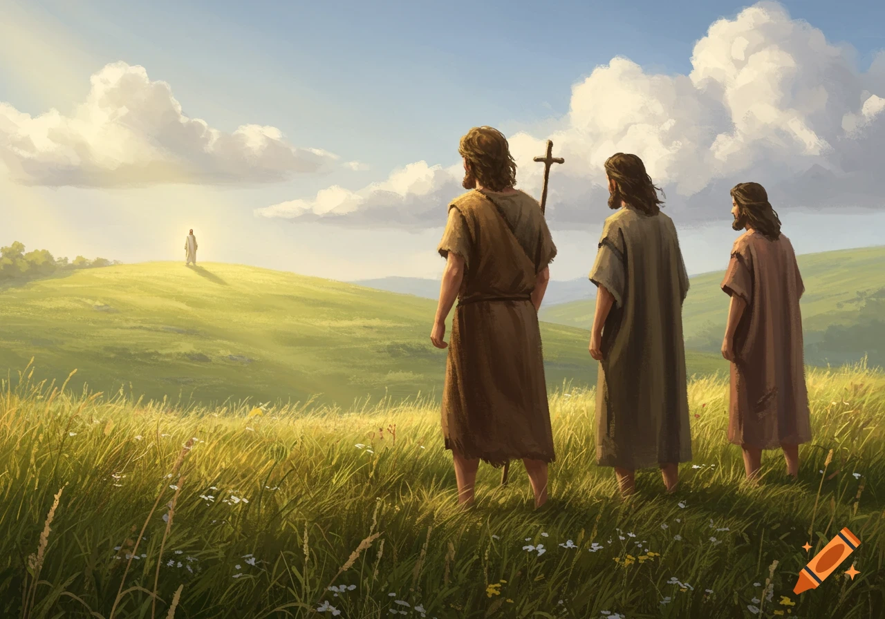 Three men in old robes stand in a grassy field, one with a cross staff, looking towards a glowing figure on a distant hill.