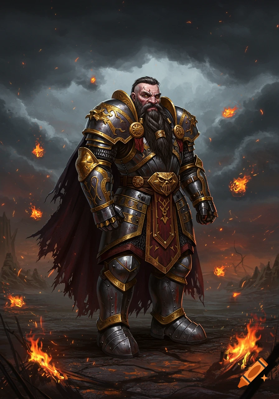 A fierce, heavily armored dwarf warrior stands on a fiery battlefield under a stormy sky in detailed fantasy art.