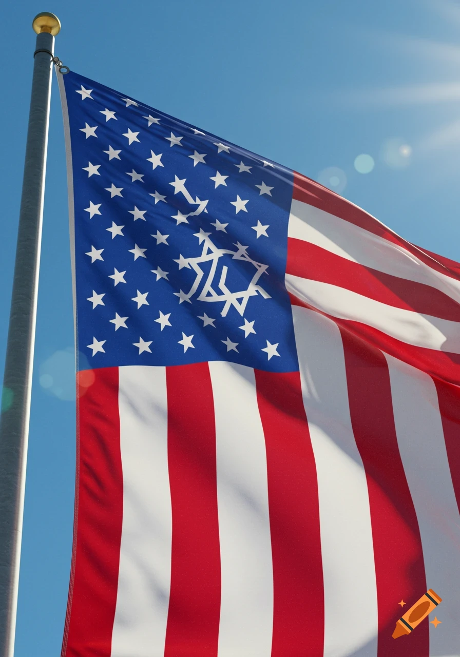 An American flag with Stars of David instead of traditional stars waves against a bright blue sky, viewed from a low angle.