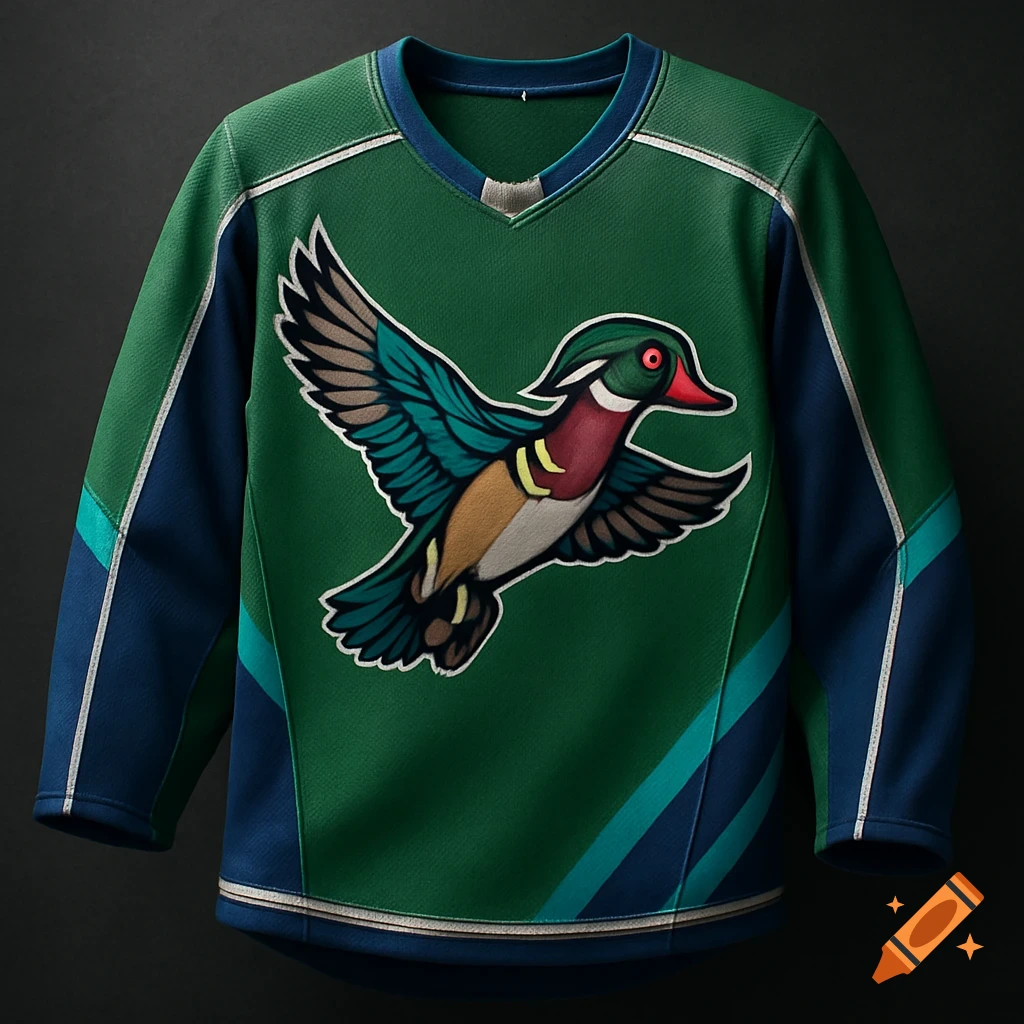 A green and blue hockey jersey featuring a colorful wood duck logo on the front.