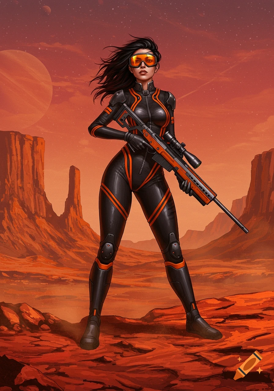 A female sharpshooter in a black and orange suit with goggles holds a rifle on a red Martian landscape with planets in the sky.