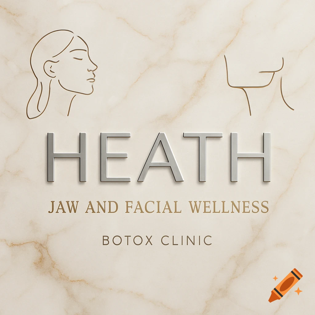 An elegant sign for 'Heath Jaw and Facial Wellness Botox Clinic' with a marble background and simple line art of a profile and jawline.