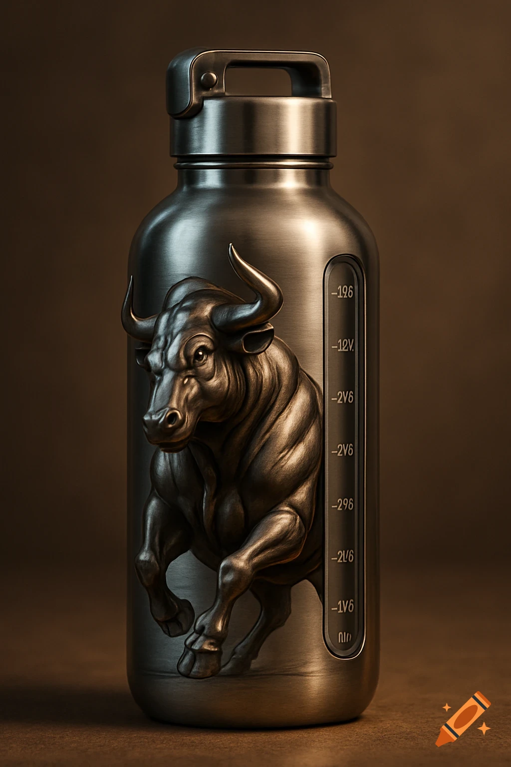A metallic water bottle with a stylized embossed bull, and measurement markings on the side, against a dark background.