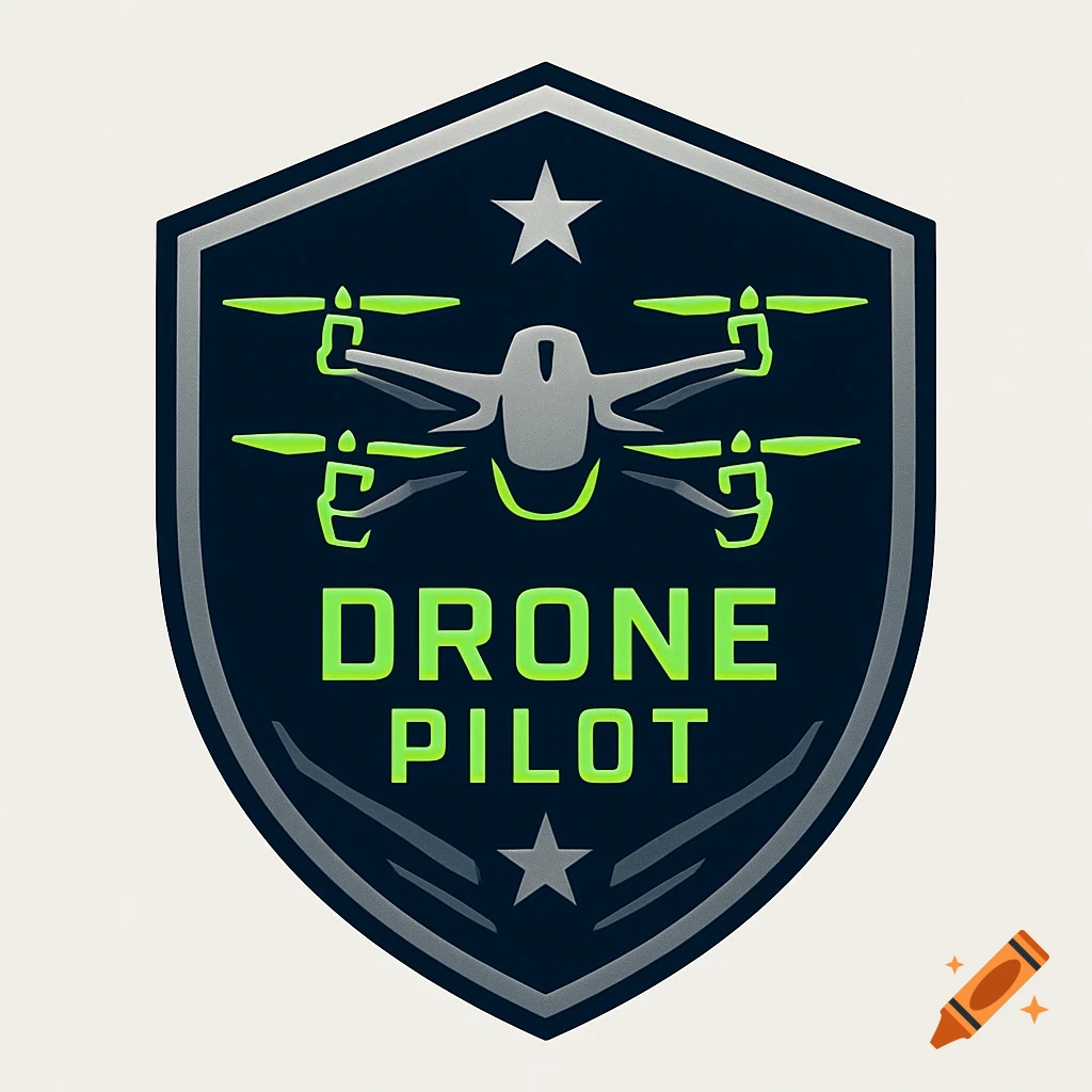 A shield-shaped military patch style logo with a gray drone, green propellers, and text "DRONE PILOT" in green, on a dark blue background.