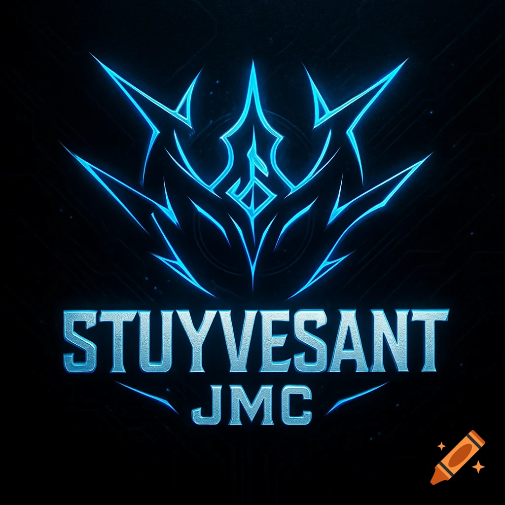 A glowing blue and black logo with a stylized sharp symbol above the text 'STUYVESANT' and 'JMC'.