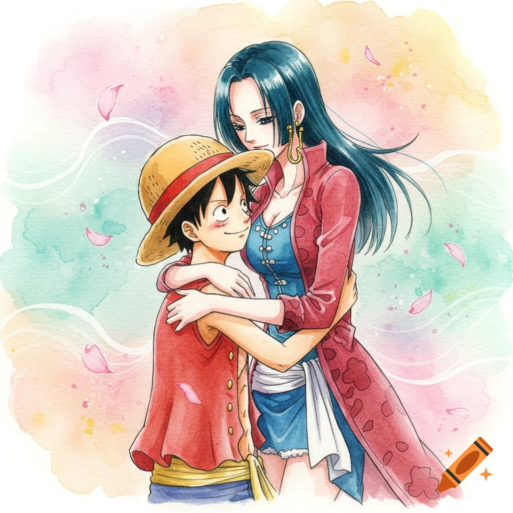 Luffy and Hancock from One Piece embracing in a soft watercolor painting.
