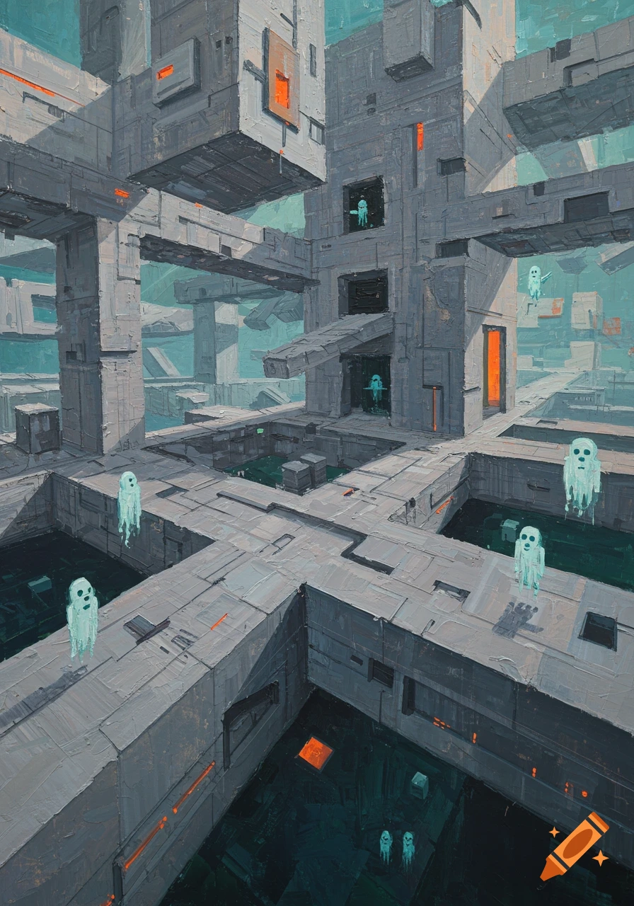 An oil painting of a surreal, blocky sci-fi structure with floating white ghost figures and glowing orange accents.