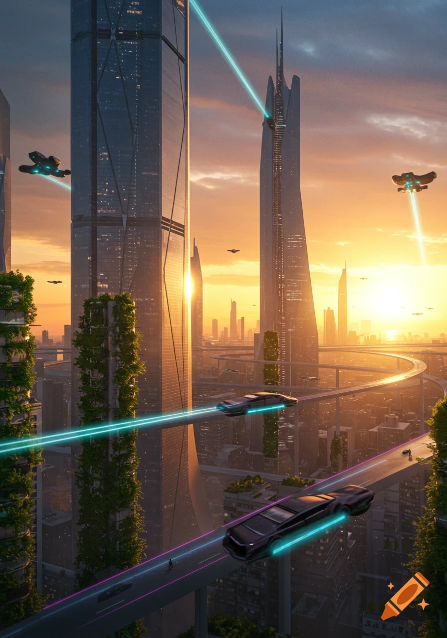 Photorealistic futuristic cityscape at sunrise with tall skyscrapers, flying cars, and glowing elevated roads among green vertical gardens.