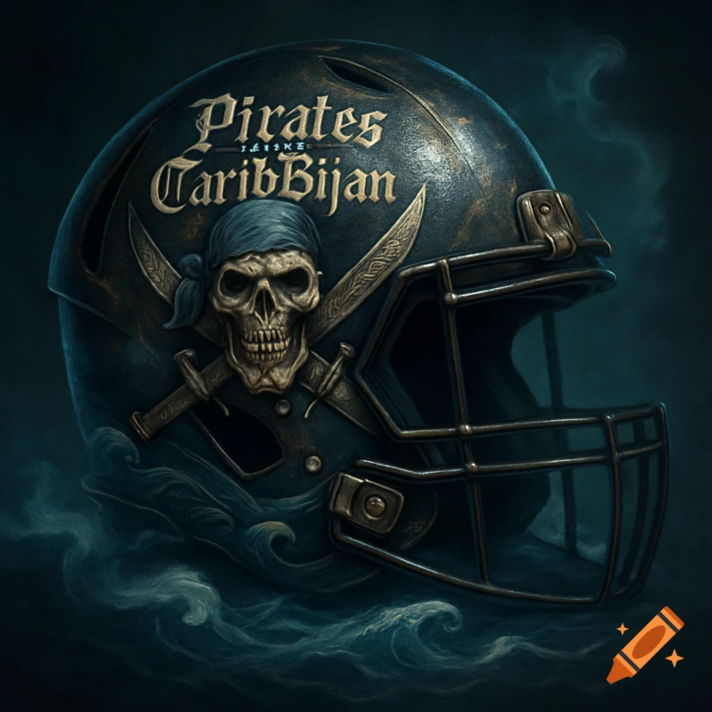 Stylized dark football helmet with gold pirate skull and crossbones logo, text 'Pirates CaribBijan', emerging from mist.