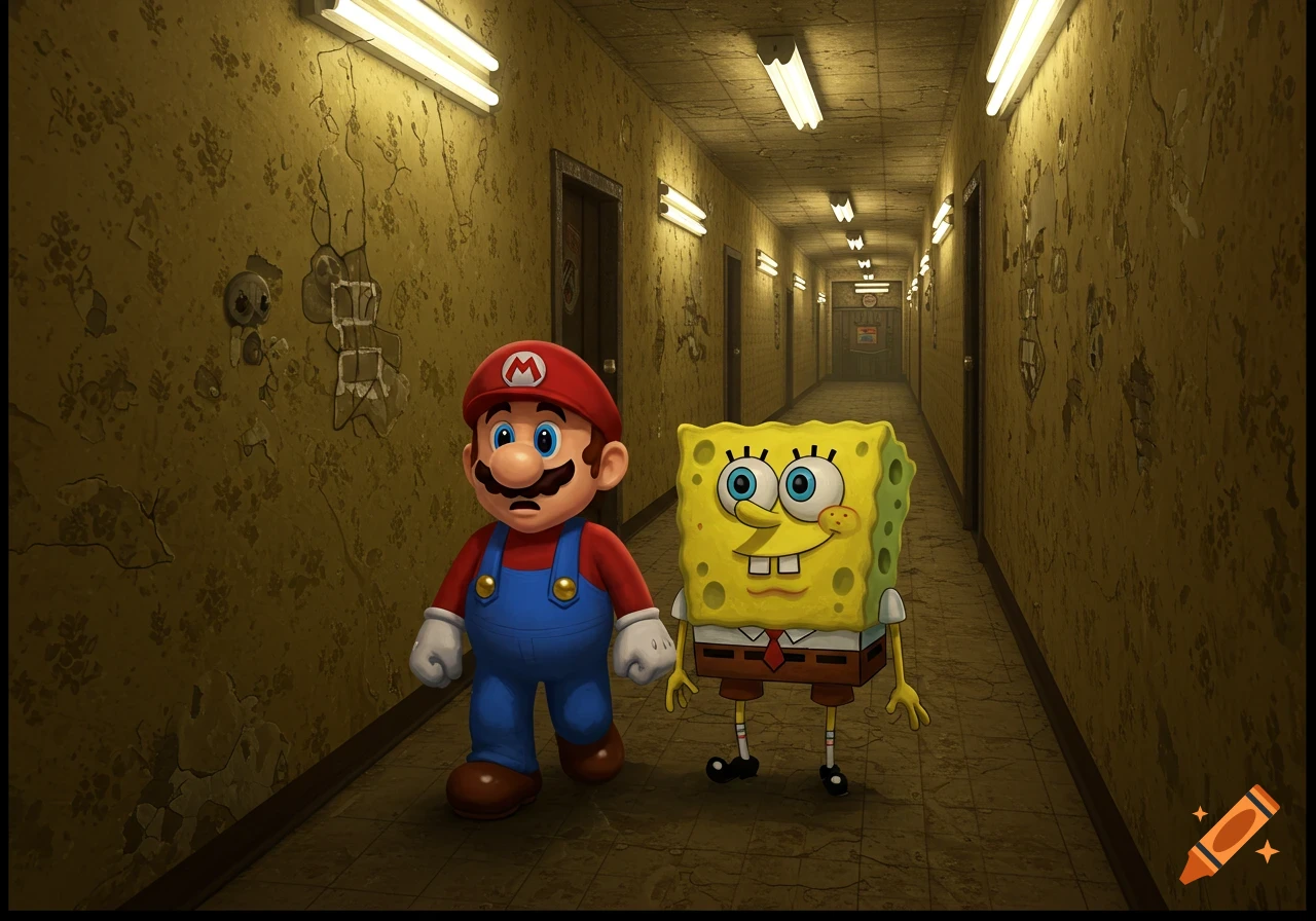 Mario and Spongebob walk down a creepy, yellow, peeling-wallpapered hallway with fluorescent lights.