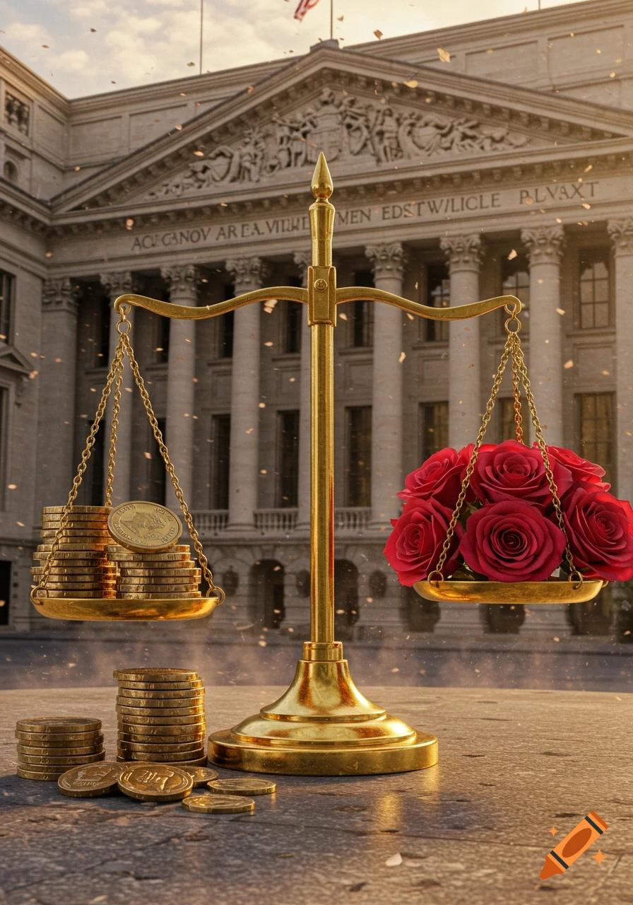 A golden balance scale with money on one side and red roses on the other, in front of a classical building.