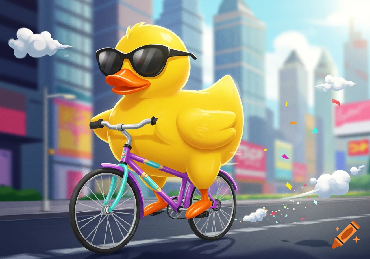 A cool yellow rubber duck in sunglasses rides a purple and teal bicycle down a vibrant city street with confetti.