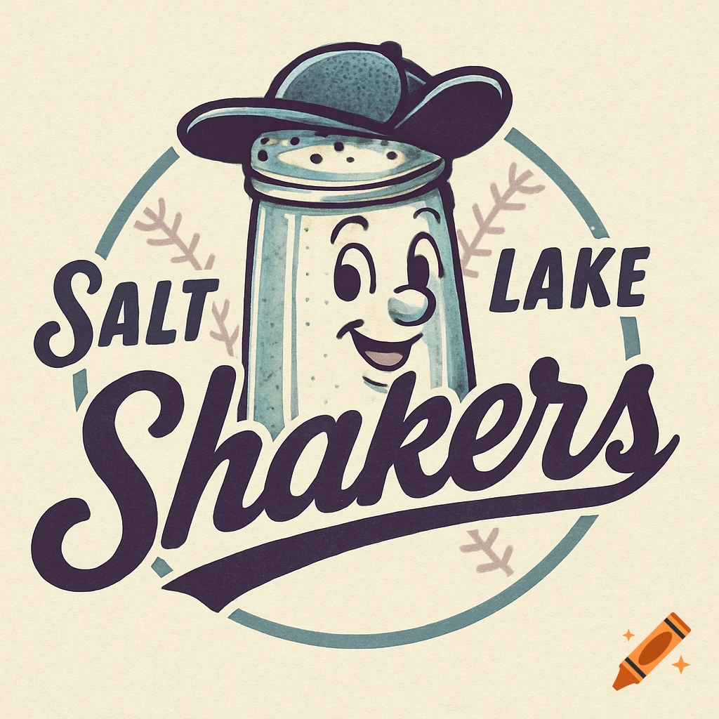 1950s retro baseball logo for 'Salt Lake Shakers' featuring a smiling anthropomorphic salt shaker wearing a baseball cap.