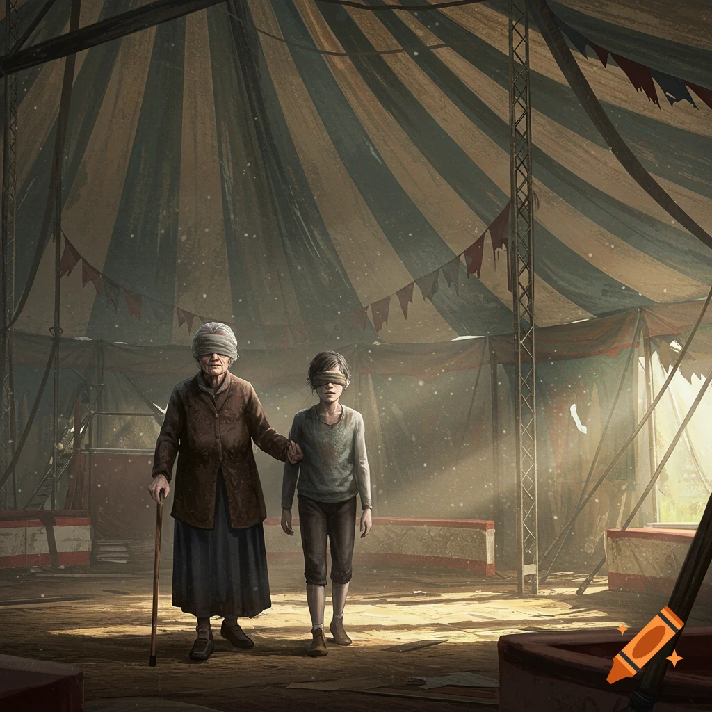 An old blindfolded woman with a cane leads a blindfolded child in a deserted, dimly lit circus tent, stylized illustration.