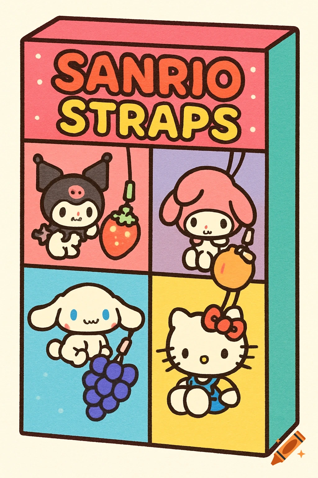 A cheerful, cartoony pink box labeled "SANRIO STRAPS" in bold, colorful letters, divided into four sections. Each section features a Sanrio character: Kuromi with a strawberry, My Melody with an orange fruit, Cinnamoroll with grapes, and Hello Kitty with a peach, all in a cute, pastel style.
